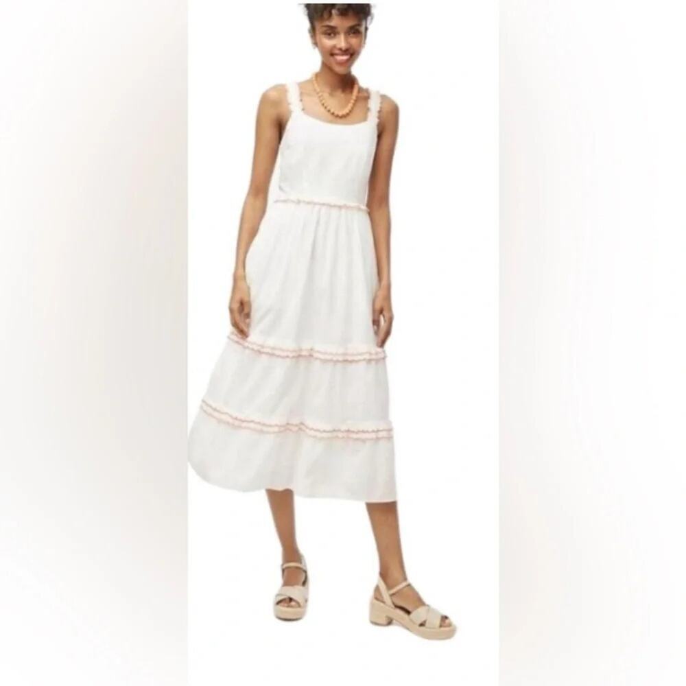 NWT J.Crew Factory Midi Dress Women's Sz 0 White Scalloped Orange Trim #0456
